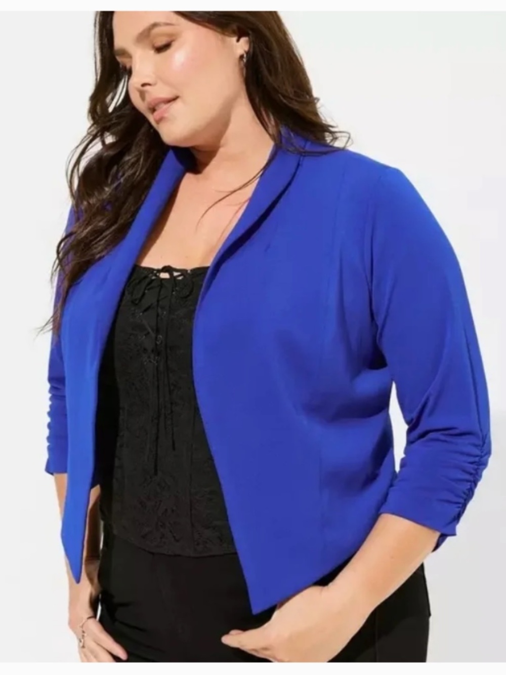 TORRID Light Crepe Ruched Sleeve Blazer Electric Blue Size 00 M L 10